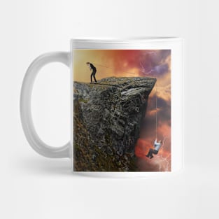 Businesswoman pulling a businessman to higher ground Mug